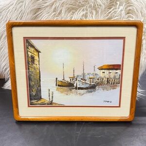 Mid Century European Harbor Oil Painting Signed Trais – Boats Seascape MCM Frame